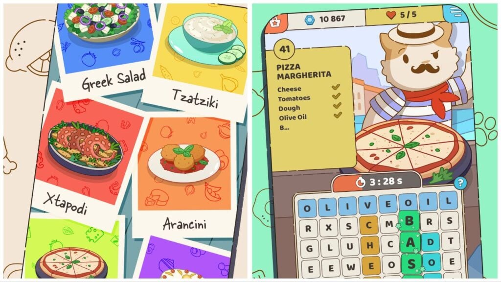 feature image four our food words cooking cat puzzle news, the image features promo art and screenshots for the game, with one screenshot of the word search with a cat standing by pizza with a list of ingredients to find within the word search, there is also promo art of some of the dishes that you can make in the game such as greek salad, xtapodi, and tzatziki