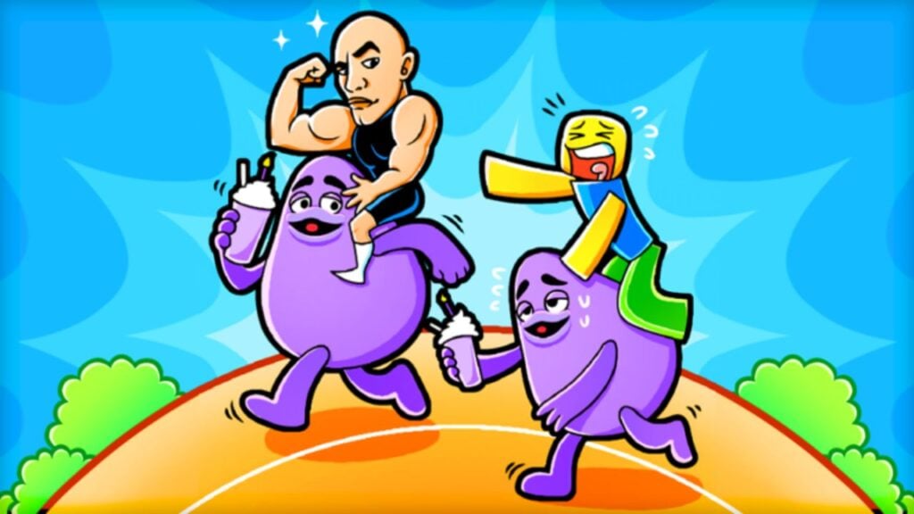 Feature image for our Grimace Race codes guide. It shows promotional art of two people racing sitting on the shoulders of two Grimaces. One is a winning and flexing his muscles. The other is losing and crying.