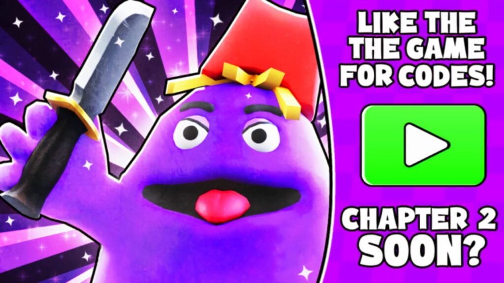 Feature image for our Grimace Shake codes guide. It shows Grimace with some fries on his head, wielding a knife.