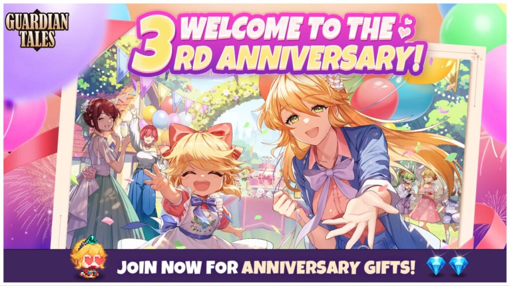 feature image for our guardian tales third anniversary event news, the image features promo art for the event with a drawing of some characters from the game enjoying a party together, some of the characters are holding plates with cake, while some are holding champagne flutes as they smile and cheer, there are two characters closer to the front of the drawing, with one smiling and the other holding their hand out, there is text on the image that reads "welcome to the 3rd anniversary, join now for annviersary gifts" with two shiny diamonds next to the text