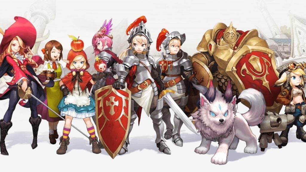 Feature image for our Guardian Tales tier list. It shows a lineup of various characters from the game on a white background.