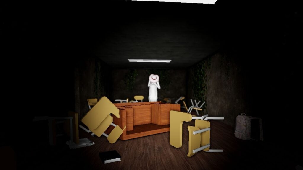 Feature image for our how to play The Mimic on Roblox guide. It shows an in-game screen of a classroom, a figure resembling a woman stood at the other end, wearing a wide-brimmed hat, head down.