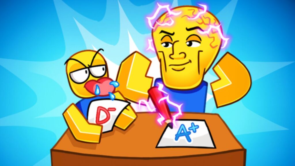 Feature image for our IQ Wars Simulator codes guide. It shows a promo image or two Roblox characters, one with a big brain with electricity crackling round their head. The other is sticking his tongue out at the smart one.