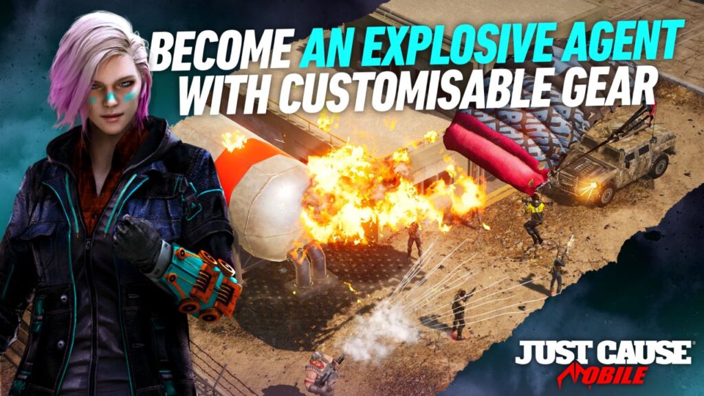 Feature image for our Just Cause Mobile news. It shows an in-game screen with a top-down view of a gunfight with a humvee, along with a promo image for a female character with white and pink hair, and neon blue stripes painted onto her face.