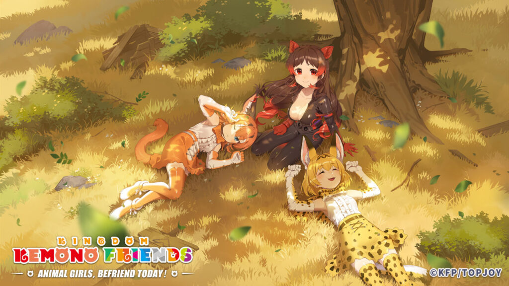 Kemono Friends: Kingdom official artwork, depicting three of the animal girls snoozing under a tree in a forest.