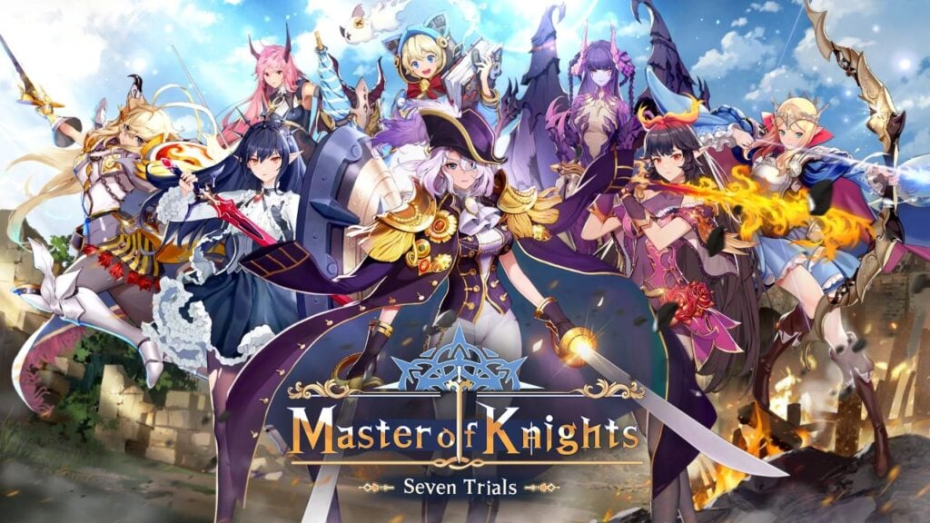 Feature image for our Master Of Knights tier list, showing a line-up of different characters against a blue sky.
