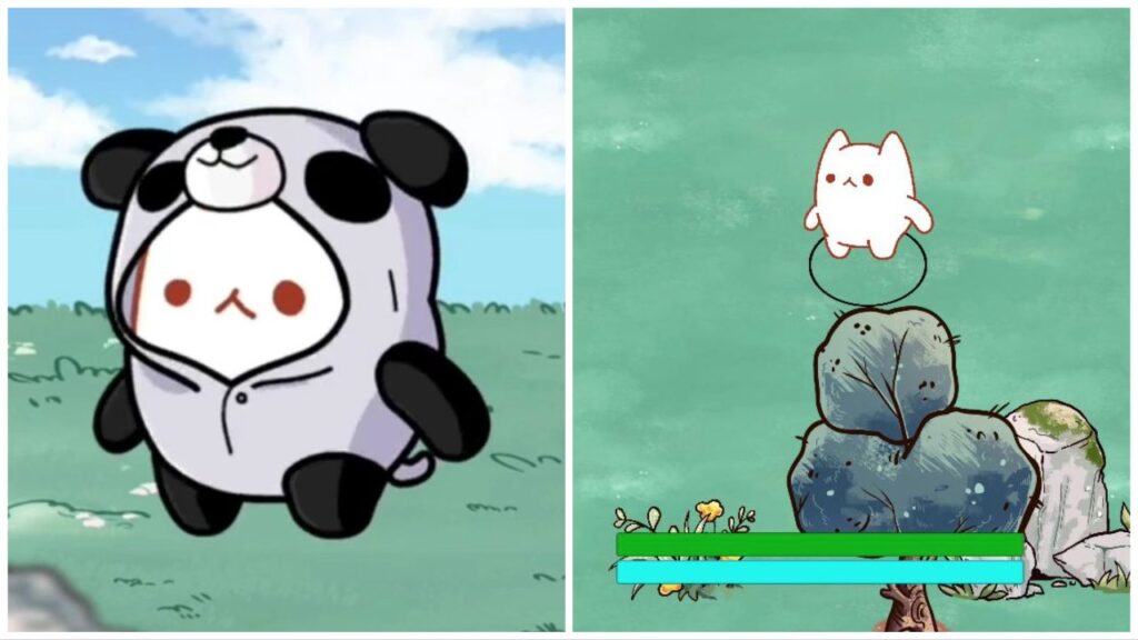 feature image for our meow meow wizard arena news, the image features two screenshots of gameplay, with one being of a cat dressed in a panda costume, with the other being from the combat side of the game as the cat wanders around the grassy arena and stands by a rock
