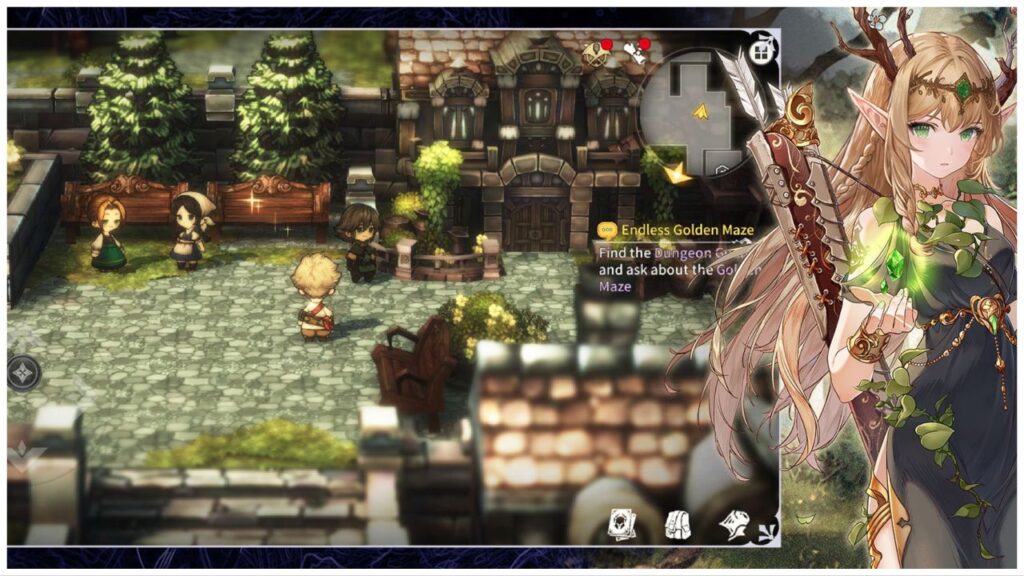 feature image for our netease knightingale octopath traveler news, the image features a screenshot from the game o the 2.5D environments as the buildings, trees, and stone paths are 3D and the characters are 2D, there is also a drawing of a female elf who is holding floating green crystals above her hand while she has a bow and arrow strapped to her back, her outfit is covered in leaves