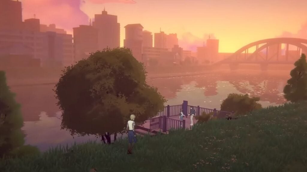Feature image for our One Punch Man: World news piece. It shows a screen from the trailer, with the character Genos strolling through a city park at sunset.
