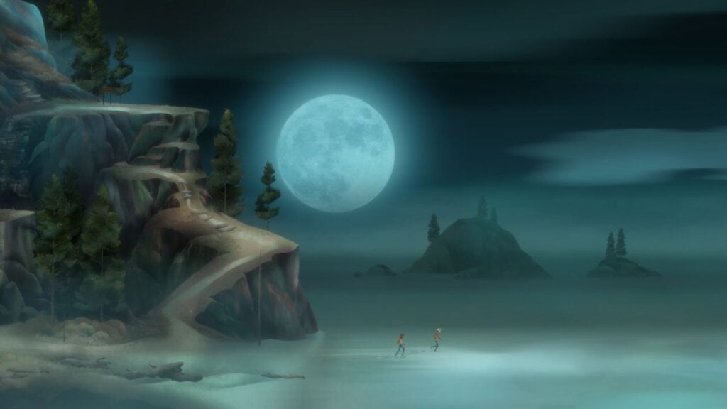 Feature image for our Oxenfree II: Lost Signals news piece. It shows two characters on a beach under a blue moon.