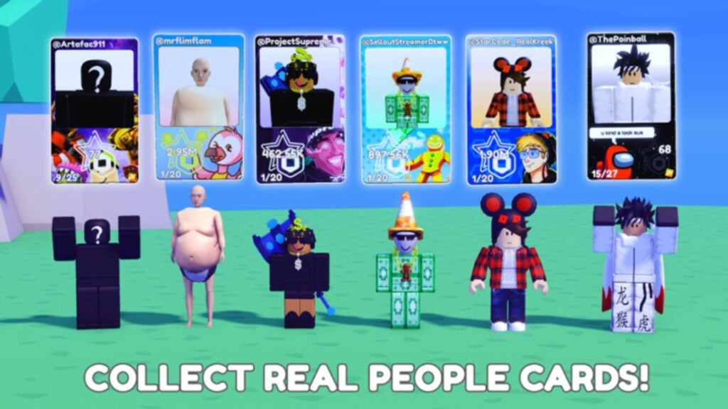 Feature image for our Pls Buy Me codes. It shows several Roblox avatars with corresponding trading cards of their likeness over their head.