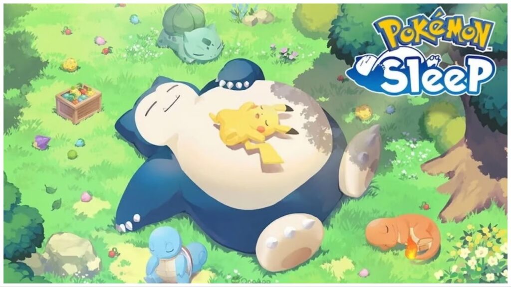 feature image for our pokemon sleep release news, the image features promo art for the game of snorlax laying on the grass while sleeping as pikachu lays on top of them, charmander and squirtle are also napping on the grass as they are surrounded by berries and other pokemon snacks