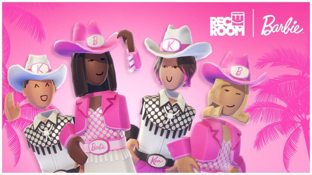 feature image for our rec room x barbie collab news, the image features promo art for the game of four rec room avatars, with two being female and two being male, all wearing the barbie-themed cowboy and cowgirl outfits, the background is pink with silhouettes of palm trees and the rec room and barbie logo are at the top