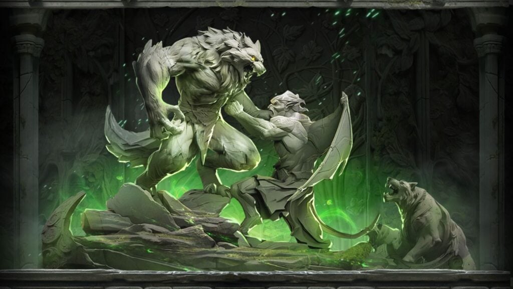 Feature image for our Return Of Shadow codes guide. It shows a statue of a werewolf and a demonic creature locked in a fight.