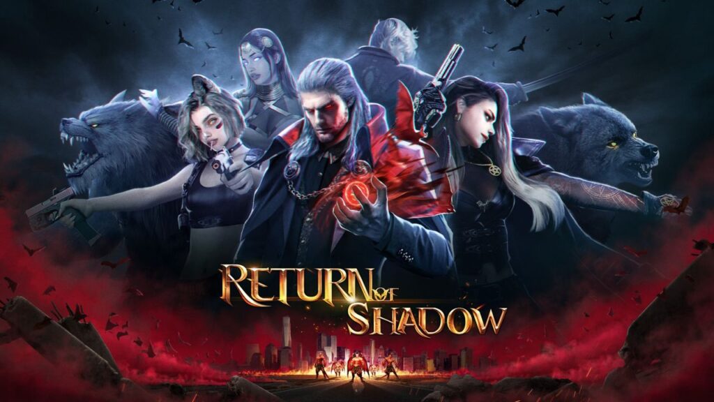 Feature image for our Return Of Shadow tier list. It shows several characters, some humanoid, some werewolves, stood against a dark sky full of bats.
