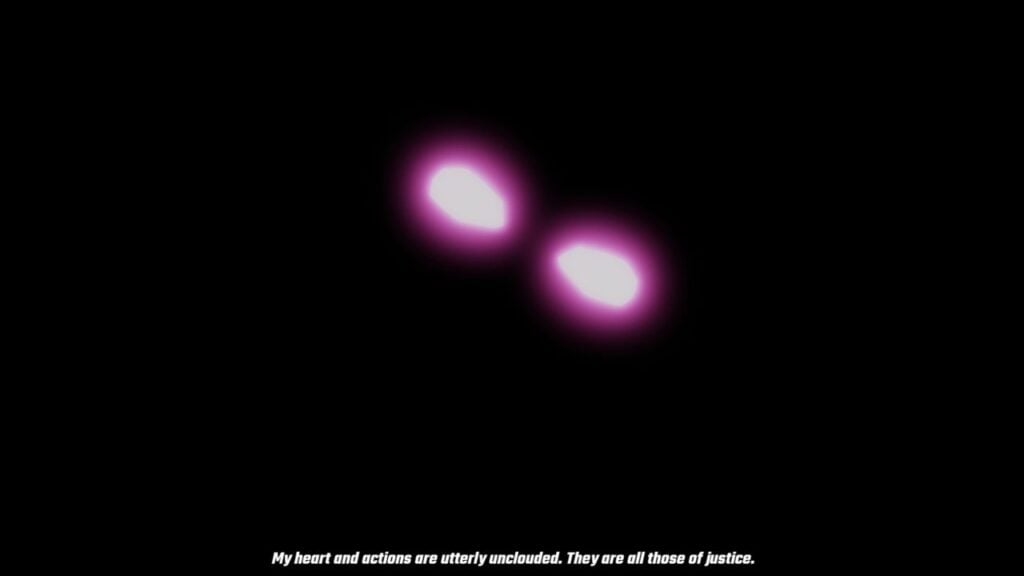 Feature image for our Roblox Is Unbreakable stand tier list. It shows two glowing pink eyes in the darkness, with the text 'My heart and actions are utterly unclouded. The are all those of justice.'