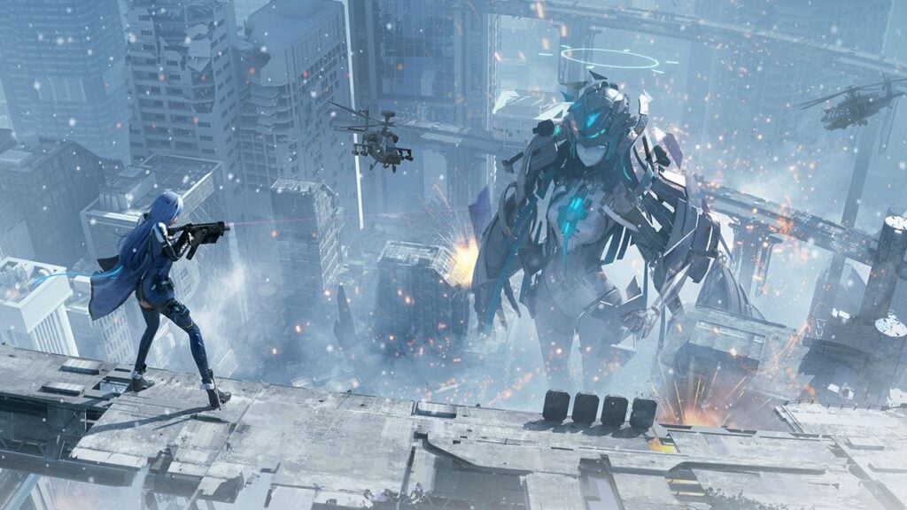 Feature image for our Snowbreak Containment Zone codes guide. It shows a female character with a gun facing a giant female monster figure in a ruined cityscape.