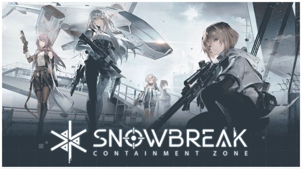 feature image for our snowbreak containment zone launch trailer news, the image features art of 5 characters from the game as they hold their guns, there is an airship flying behind them as well as a bridge and a ramp where one character is stood