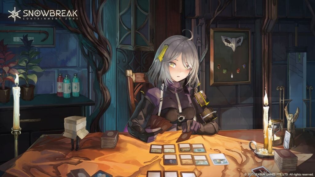 Feature image for our Snowbreak Containment Zone tier list. It shows some promotional art of a character with silver hair in her room, playing a card game on the table.