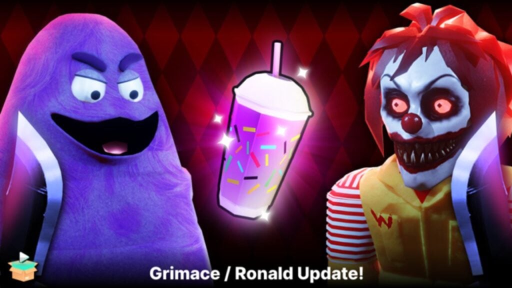 Feature image for our Survive The Slasher codes guide. It shows evil versions of Grimace and Ronald McDonald starting and a Grimace Shake.