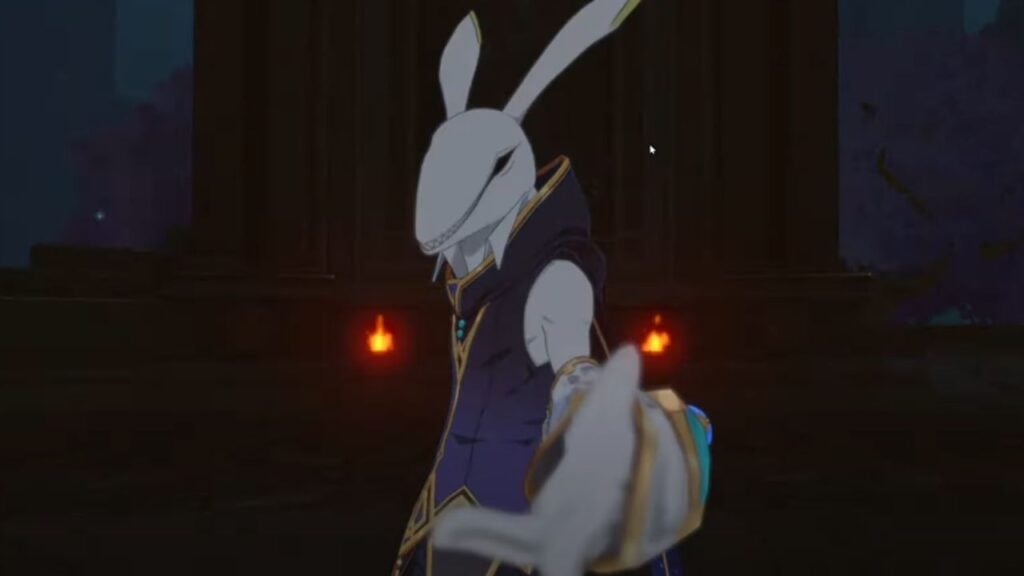 Feature image for our Tower Of God: New World news piece. It shows an in-game screen of a cutscene, where a rabbit-like creature in a blue waistcoat holds a hand out toward the viewer.