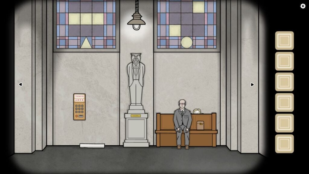 Feature image for our Underground Blossom news piece. It shows and in-game screen with as view of a seating area in a station, with stained glass windows. A man is sat on a bench, and there's a statue of a man with the head of an owl in the centre.