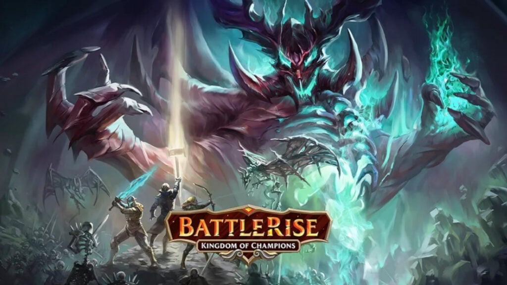 Feature image for our news article about Battlerise: Kingdom of Champions. Picture shows a large monster with different people trying to fight it alongside the games name at the bottom.