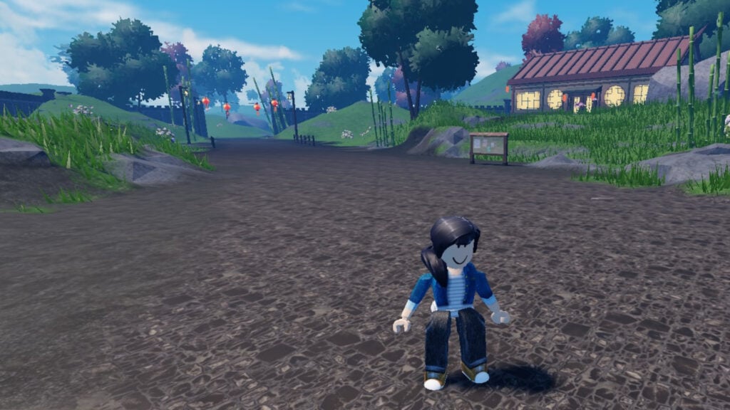 Feature picture for our Roblox guide on Murim Cultivation. Picture shows a female Roblox character stood on mud with grass, trees, and a house behind her.