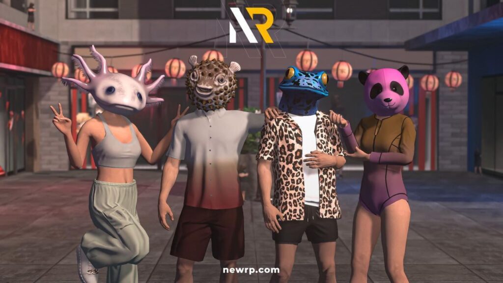Feature image for our NEWRP news piece. It shows players characters in animal masks. An axolotl, a pufferfish, a tree frog, and a pink panda.