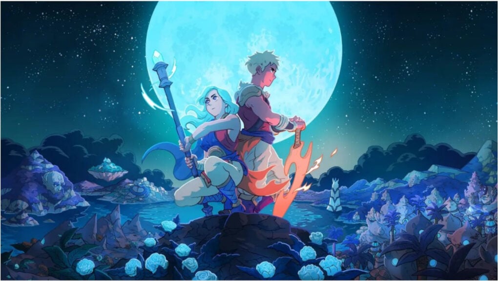Feature image for our news article about Sea of Stars being available on Android. Picture shows a girl and a boy with the moon behind them with water and a forest.