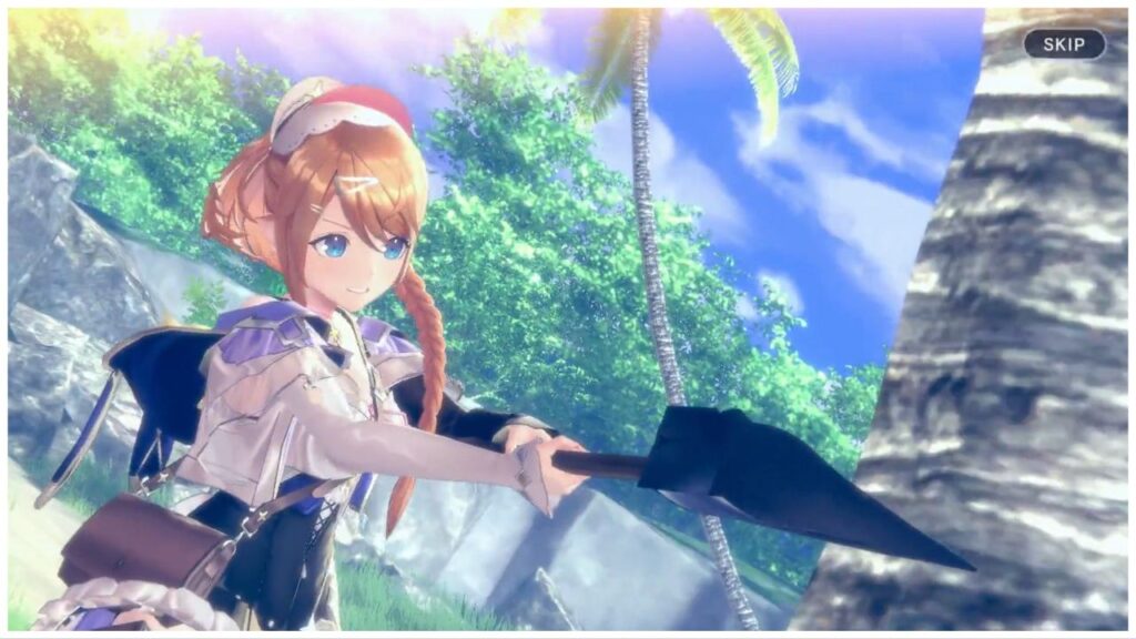 feature image for our atelier resleriana gameplay news, the image features a screenshot from the gameplay of resleriana using an axe to chop a tree on the beach, she has a stern facial expression as palm trees and other trees swap in the breeze