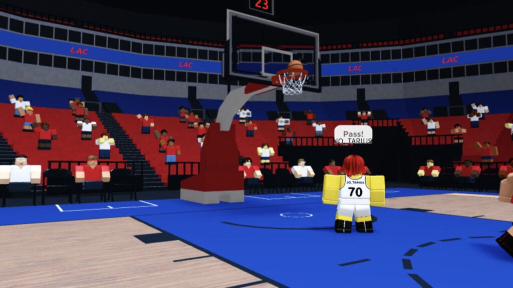 A Roblox player scoring in Basketball Legends.