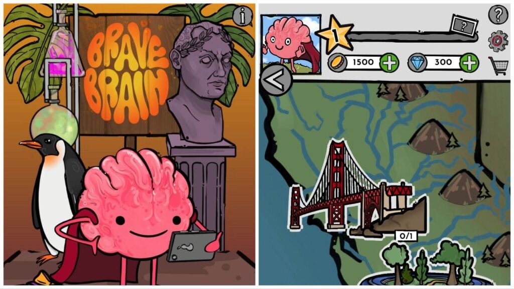 feature image for our brave brain: trivia quiz game release news, the image features promo art for the game of a brain holding a phone in landscape mode with a penguin, stone sculpture, and science equipment behind them as they smile at their phone screen, the game's logo is painted onto a wooden sign board, there is also a screenshot from the game of the map with drawings to show specific locations such as the san francisco bridge, the players level and currency is also listed at the top