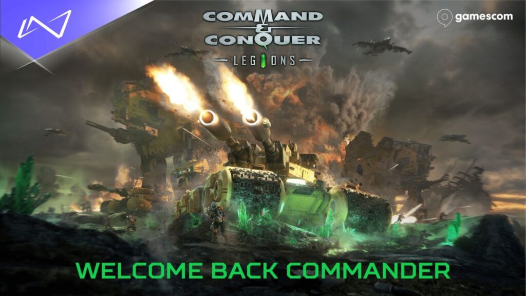Feature image for our Command & Conquer Legions news piece. It shows some promo renders of a tank firing, with 'Welcome back Commander' in green letters.