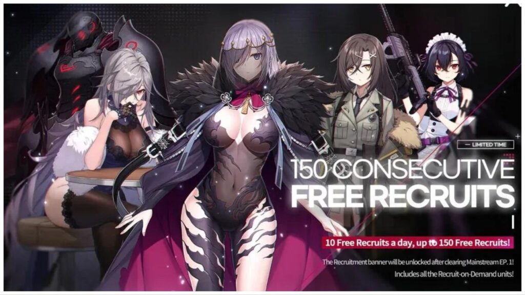 feature image for our counterside 6 month anniversary news, the image features promo art for the event with 4 characters, there is a character sitting down as she places her hand on her chin, another is holding a gun, while the other two stand still, there is also a tall robot at the side, there is text that reads "150 consecutive free recruits, 10 free recruits a day, up to 150 free recruits!"