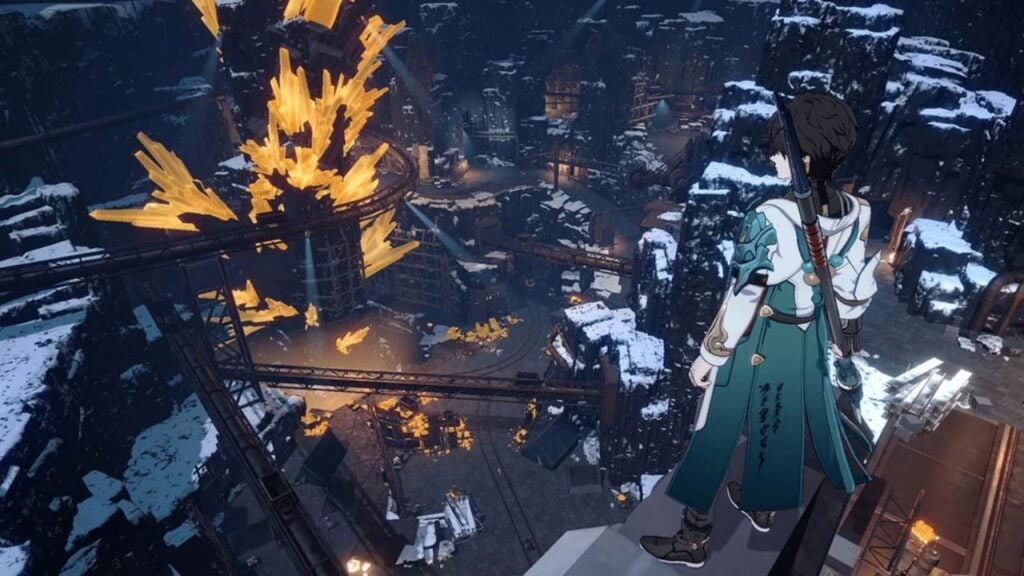 Feature image for our Honkai Star Rail Dan Heng tier list. It shows an in-game screen of Dan Heng stood on a ledge above a snowy mining operation with rocks full of orange crystals.