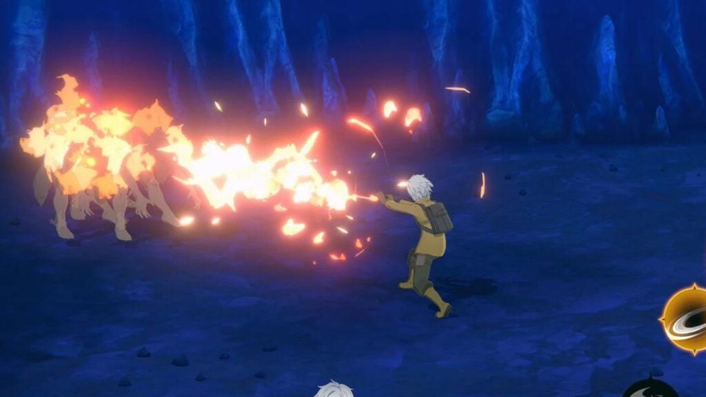 Feature image for our DanMachi Battle Chronicle. It shows an in-game screen of a character throwing fire at an enemy.