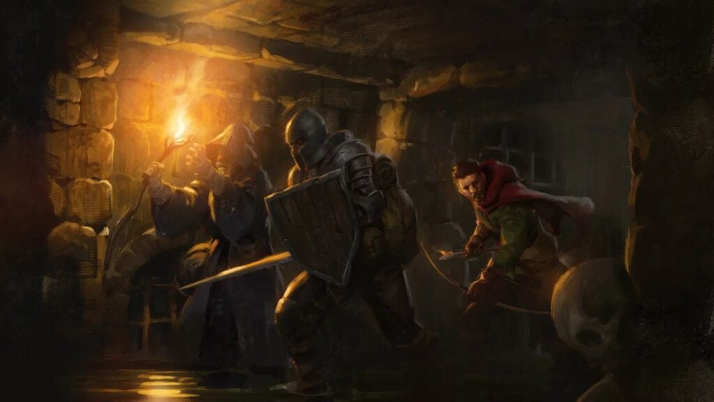Feature image for our Dark And Darker Android news. It shows some promo art for the game showing three adventurers wading through a partially flooded dungeon.