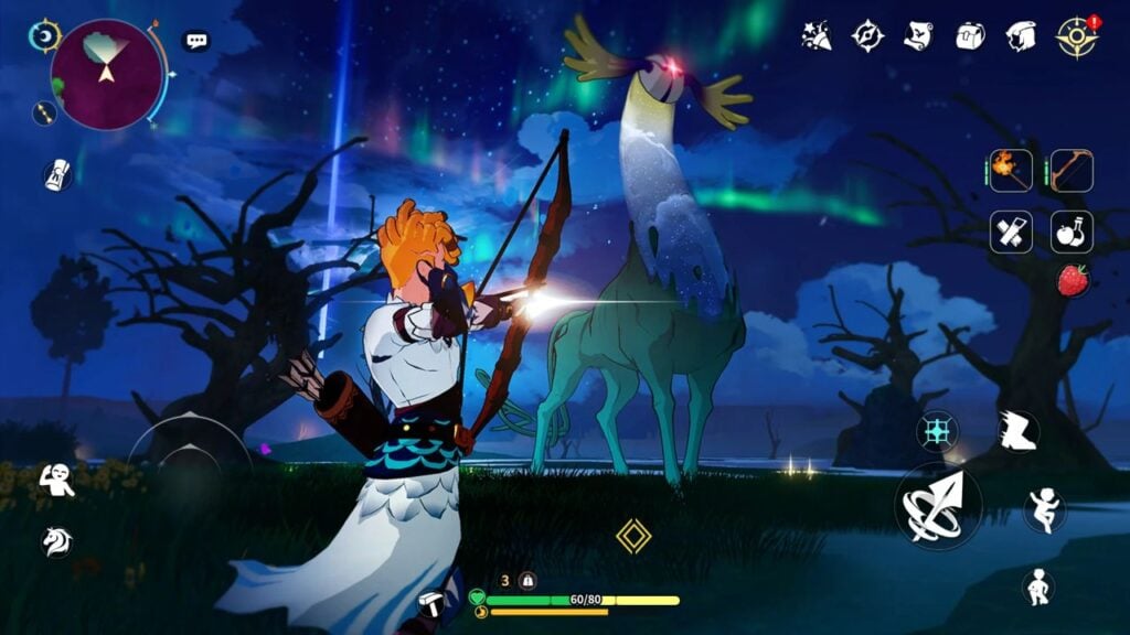 Feature image for our Dawnlands news piece. It shows an in-game screen of a player character aiming a bow at a huge, deer-like creature.
