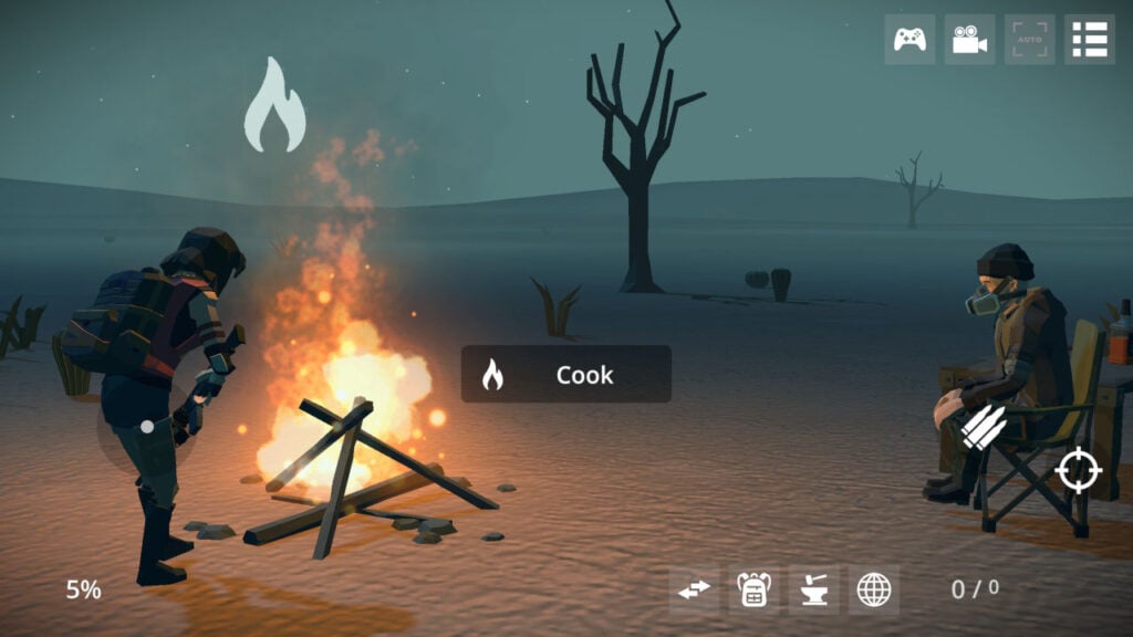 A survivor cooking in front of a fire in Dead Wasteland.