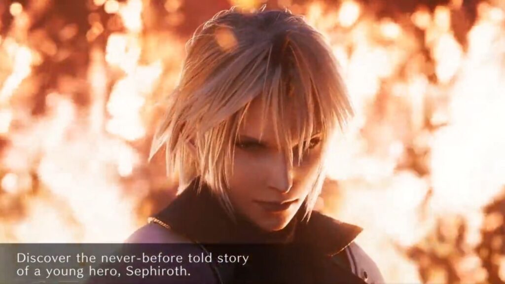 Feature image for our Final Fantasy VII: Ever Crisis news piece. It shows a shot from the trailer of a younger version of the character Sephiroth, with shorter hair. There are flames in the background.