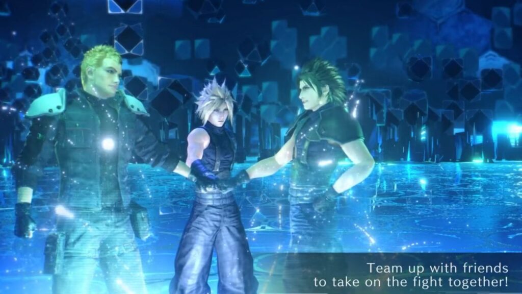 Feature image for our Final Fantasy VII: Ever Crisis news piece. It shows an in-game screen of the character Cloud placing his hand against those of two other, spectral-looking characters.