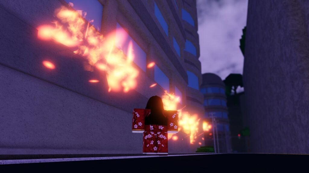 Feature image for our Fire Force Online tier list. It shows an in-gamed screen of a player character stood in front of a burning building.