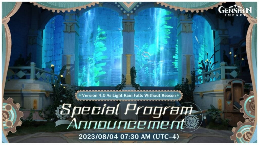 feature image for our genshin impact 4.0 live stream news the image features promo art for the live stream of a building that has glowing plants and water behind its windows, there is also text that reads "special program announcement", there are curtains around the border of the image with machine cogs at the bottom