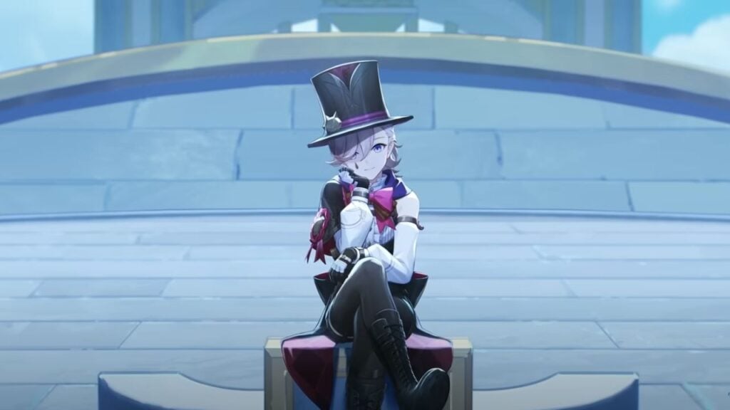 Feature image for our Genshin Impact Lyney tier list. It shows a shot from the trailer of the character wearing a top hat, sitting on a box and looking toward the viewer.