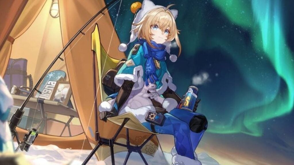 Feature image for our Honkai Star Rail Lynx tier list. It shows promotional art of the character Lynx sat in a chair outside of a tent against a snowy landscape, white holding a steaming flask.
