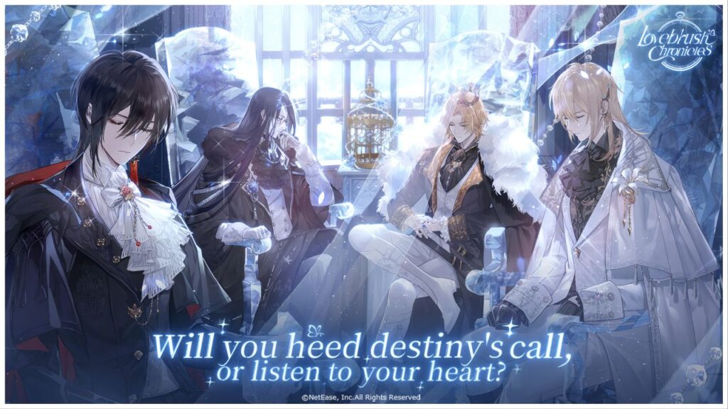 feature image for our lovebrush chronicles news, the image features official promo art of some of the male characters from the game as they sit and relax on chairs in a room filled with ice, there are large ice sculptures around them with a golden cage encased in ice thorns by a large window, all of the male characters are looking downwards, there is also text that reads "will you heed destiny's call, or listen to your heart?"