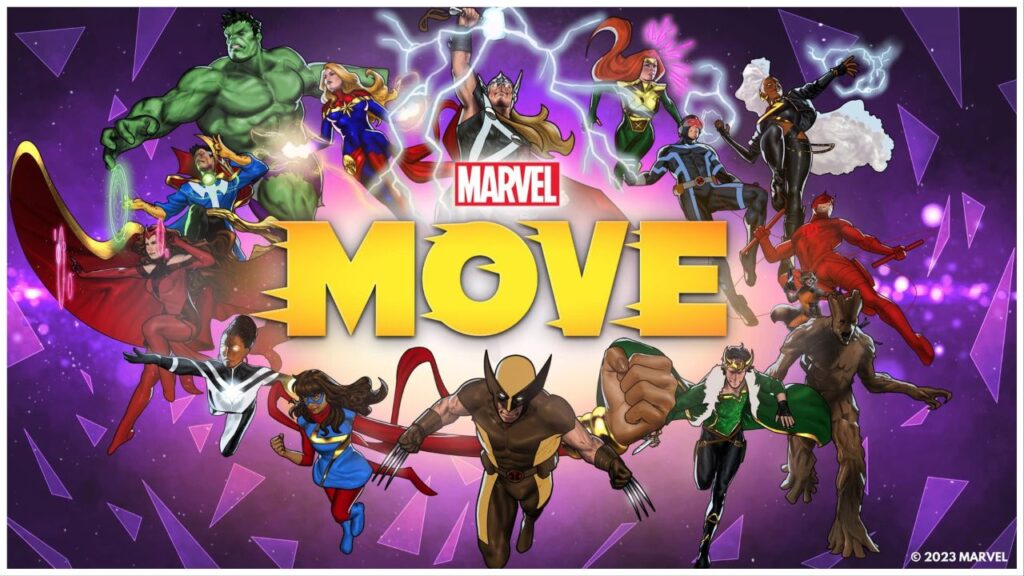 feature image for our marvel move news, the image features promo art for the app of fan favourite superheroes such as the hulk, wolverine, groot, the flash, thor, superwoman, and more, the game's logo is also on the image with the marvel logo and the word move that is designed to look like it is moving quickly, it looks as if shards of glass are flying around the heroes
