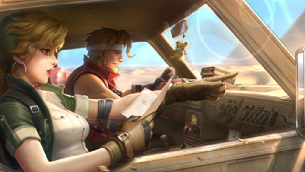 Feature image for our Metal Slug Awakening news piece. It shows promotional art of characters Marco Rossi and Eri Kastamoto in a vehicle, with Marco driving while Eri looks at a map and points.