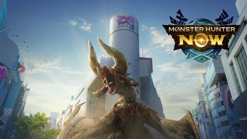 Feature image for our Monster Hunter Now pre-registration news piece. It shows a dragon-like monsters against the backdrop of Tokyo's Shibuya district.